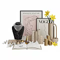Decorative Ornaments Set With Necklace Display Vase Yellow White Flowers Books Open Book And Candles