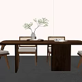 Modern Dining Table Set Featuring Oval Walnut Table Woven Backrest Chairs and Green Plant 3d model