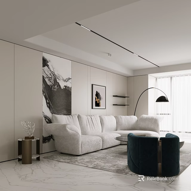 Modern Light Luxury Living Room With Curved Plush Sofa And Elegant Aesthetic Interior Design 3d model 