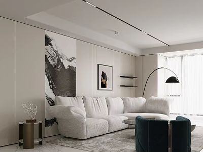 Modern Light Luxury Living Room With Curved Plush Sofa And Elegant Aesthetic Interior Design 3d model