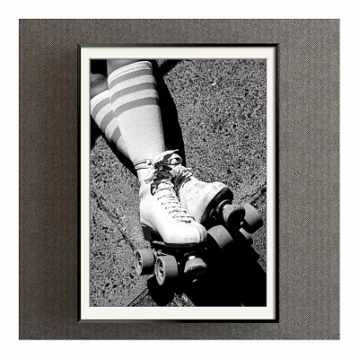 Framed Black and White Figure Art of Roller Skates with Striped Socks on Textured Sidewalk 3d model