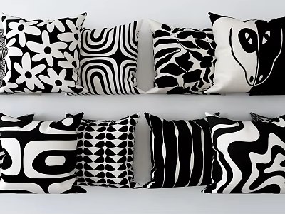 Black And White Throw Pillows With Various Abstract Geometric Floral Patterns 3d model
