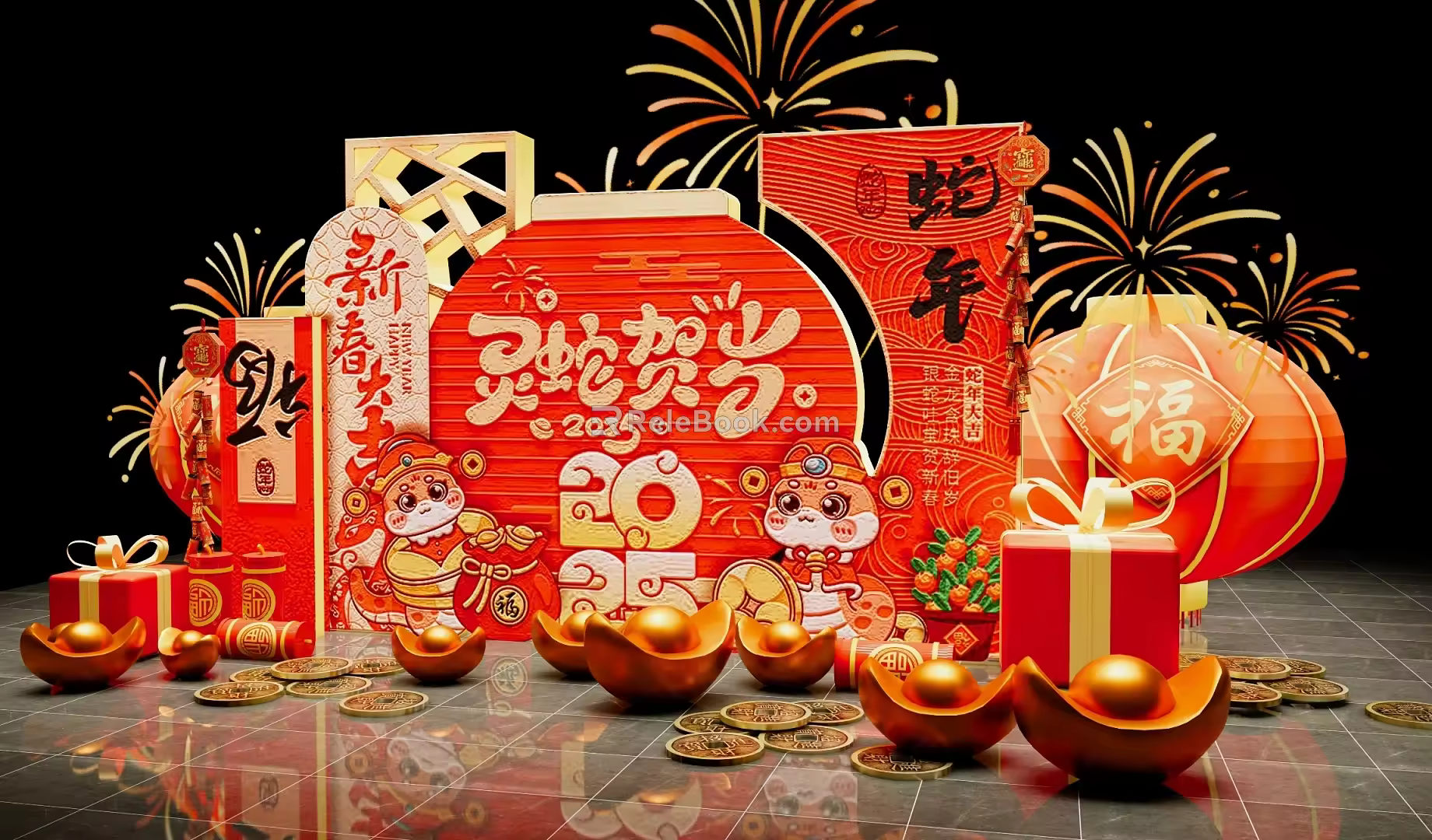 New Chinese Style Meichen Guochao year of the Snake Spring Festival Meichen year of the Snake New Year's Day Lantern Festival Meichen New Year Atmosphere Internet Celebrity Pushcard year of the Snake New Year Stage Background Gold Yuanbao Copper Coin Devi 3d model
