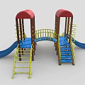 Colorful Playground Equipment With Red Canopies Blue Slides And Yellow Ladders