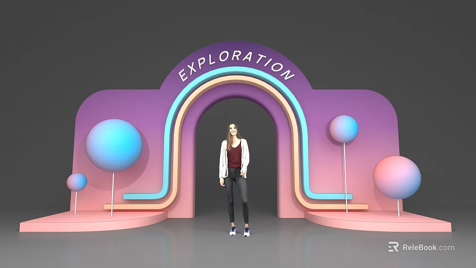 Exploration Themed Event Entrance With Purple Pink Blue Arched Design And Colorful Spheres 3d model 