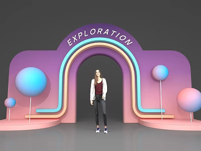 Exploration Themed Event Entrance With Purple Pink Blue Arched Design And Colorful Spheres 3d model