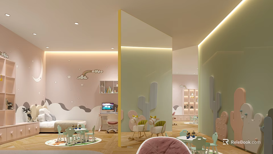 Children's Playroom With Pastel Pink Green Walls Cloud Cactus Decor Sofa Tables Chairs Toys 3d model 