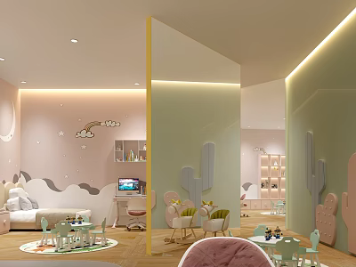 Children's Playroom With Pastel Pink Green Walls Cloud Cactus Decor Sofa Tables Chairs Toys 3d model