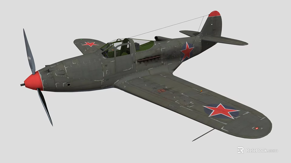 Vintage Fighter Aircraft With Gray Body Red Star Emblems And Propeller Design 3d model 