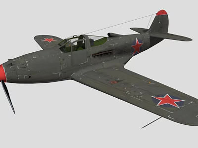 Vintage Fighter Aircraft With Gray Body Red Star Emblems And Propeller Design 3d model