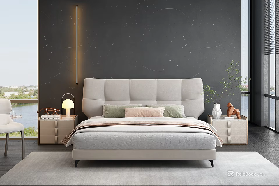Modern Double Bed With Light Gray Upholstered Headboard Dark Background Wall Bedside Tables And Greenery 3d model 