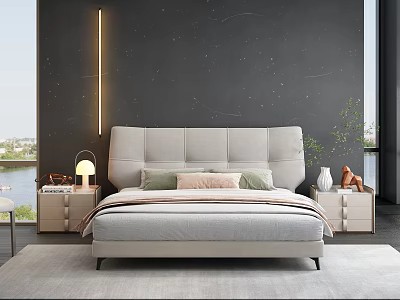 Modern Double Bed With Light Gray Upholstered Headboard Dark Background Wall Bedside Tables And Greenery 3d model