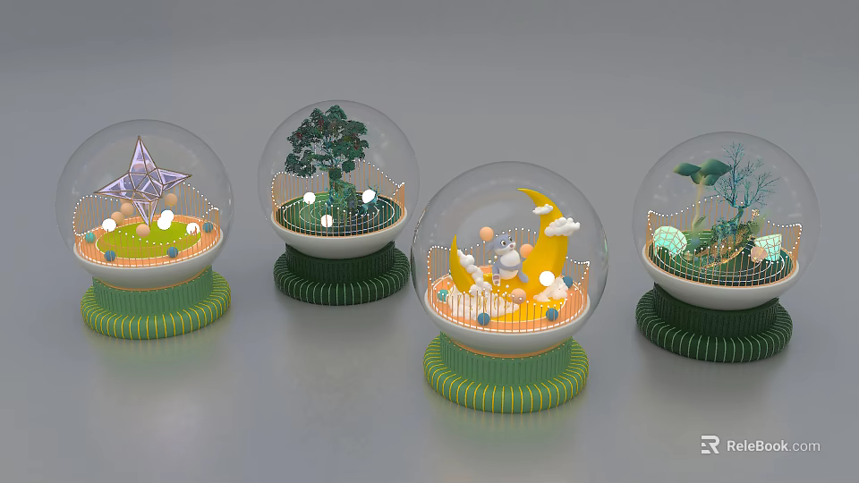Decorative Ornament Set With Glass Globes Green Striped Bases Star Moon Tree Plant Lights 3d model 