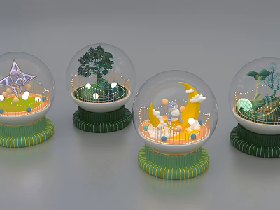 Decorative Ornament Set With Glass Globes Green Striped Bases Star Moon Tree Plant Lights 3d model