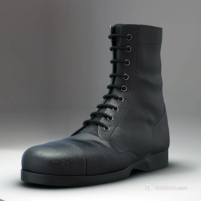 Black Leather Military Style Boots With Laces And Metal Eyelets Design 3d model 