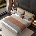 Double Bed With Beige Headboard Pillows Nightstand Table Lamp Autumn View Through Large Window