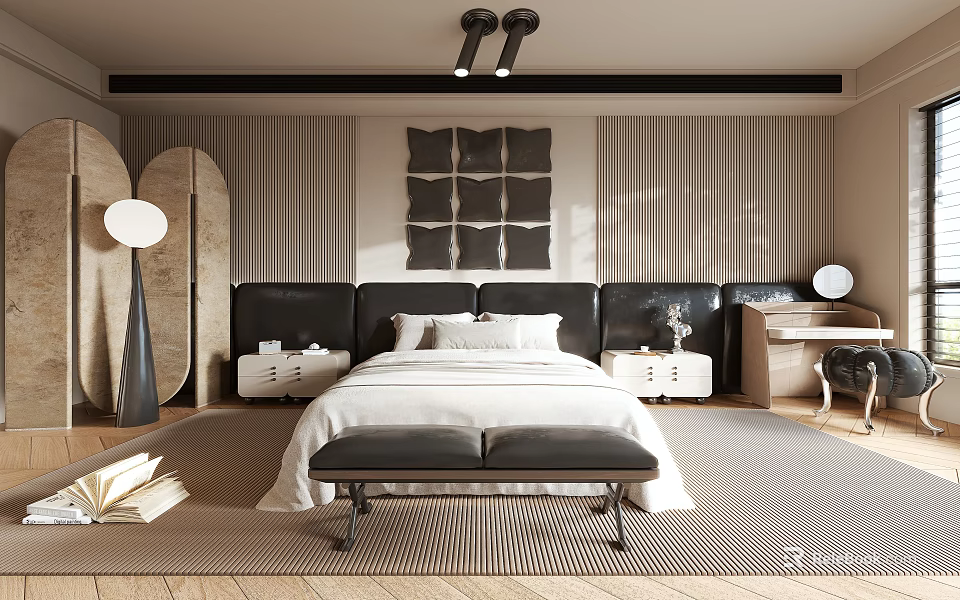 Modern Bedroom Interior Design With Black Headboard White Bedding And Gray Geometric Wall Decor 3d model 