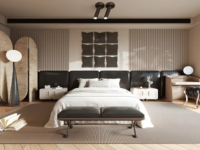 Modern Bedroom Interior Design With Black Headboard White Bedding And Gray Geometric Wall Decor 3d model