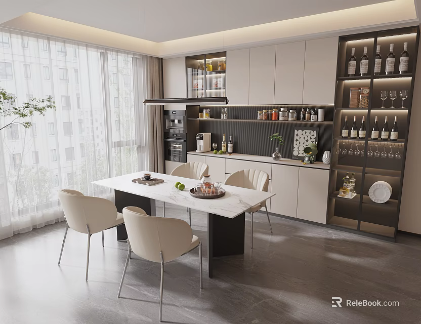 Modern Restaurant Interior With White Dining Table Light Chairs Wine Cabinet And Large Windows 3d model