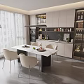 Modern Restaurant Interior With White Dining Table Light Chairs Wine Cabinet And Large Windows 3d model