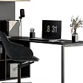 Modern Black Desk And Chair Set With Bookcase Books Lamp And Plant