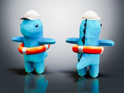 Blue Dinosaur Dolls Wearing White Hats With Orange And White Lifebuoy 3d model