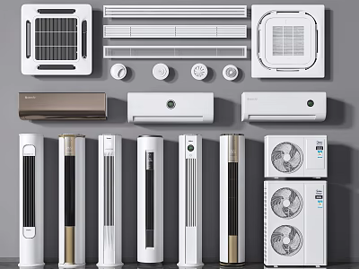 Various Modern Air Conditioners and Fans Including Wall Mounted Floor Standing and Ceiling Units 3d model