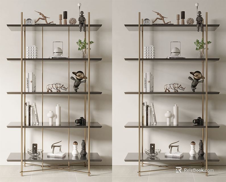 Modern Metal Frame Multi-tier Shelving Unit With Decorative Items Books And Green Plants 3d model 