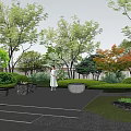 Tranquil Garden Landscape Featuring Trees Trimmed Shrubs Stone Paths Circular Benches And Gravel Areas