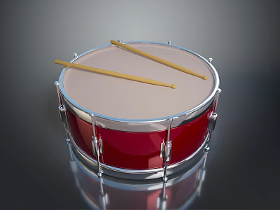Red Snare Drum With Wooden Drumsticks For Household Daily Use 3d model