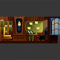 Cartoon Style Wooden Room Interior With Desk Chair Red Rug Globe And Windows