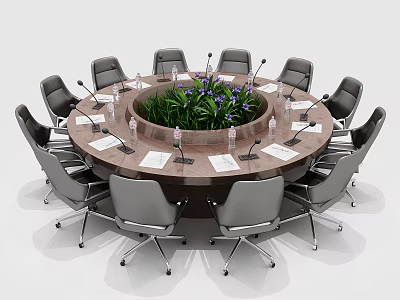 Round Conference Table With Surrounding Chairs Green Plant Microphones Documents And Water Bottles 3d model
