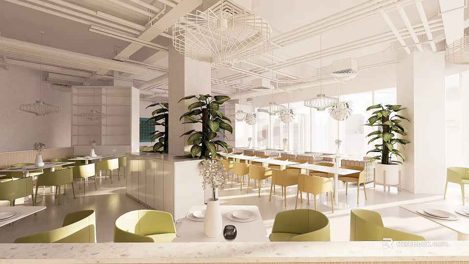 Modern Restaurant Interior With Green Chairs Plants Hanging Lights And Dining Tables 3d model 