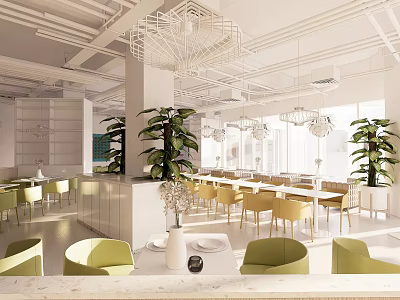 Modern Restaurant Interior With Green Chairs Plants Hanging Lights And Dining Tables 3d model