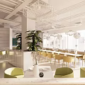 Modern Restaurant Interior With Green Chairs Plants Hanging Lights And Dining Tables