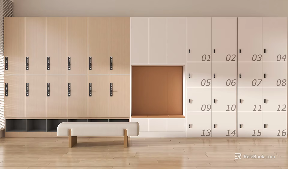 Light Colored Beige Wardrobe With Numbered Lockers And Wooden Floor Bench 3d model 