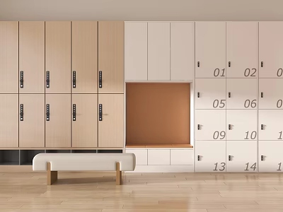 Light Colored Beige Wardrobe With Numbered Lockers And Wooden Floor Bench 3d model