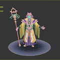 Wizard Character in Ornate Colorful Robes Holding Magical Staff on Blue Base