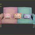 Pink Turquoise Gradient Two Seater Sofa With Three Bear Plush Toys And Wooden Legs