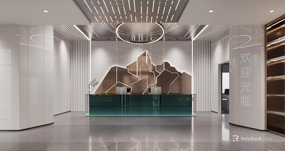 Modern Front Desk Reception Area With Green Counter And Geometric Wall Design 3d model 