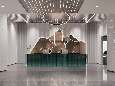 Modern Front Desk Reception Area With Green Counter And Geometric Wall Design 3d model