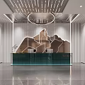 Modern Front Desk Reception Area With Green Counter And Geometric Wall Design