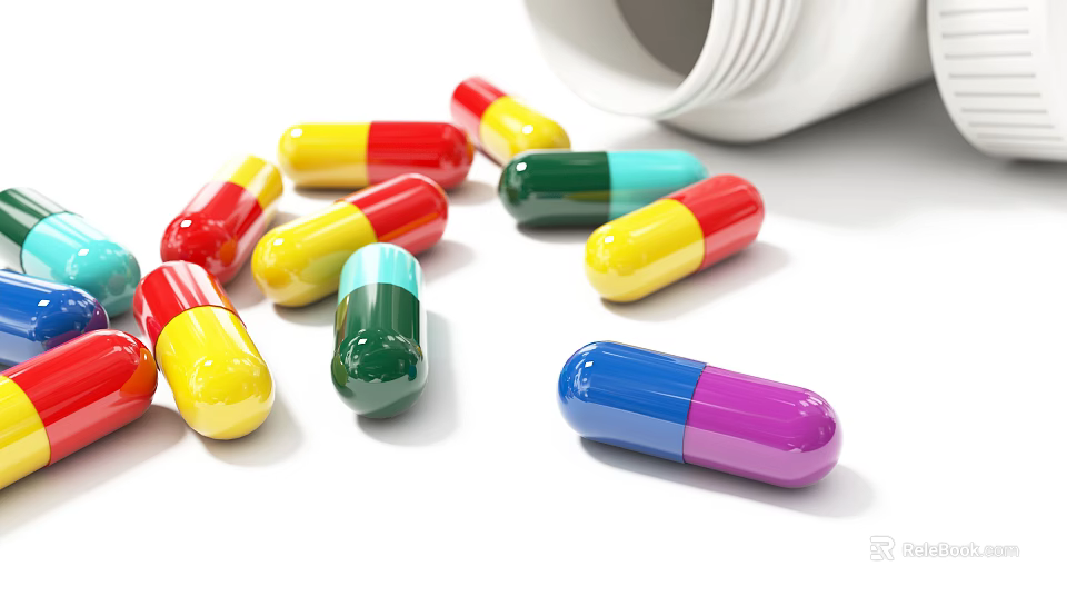 Medical Devices for Medication Storage with Scattered Colored Capsules and Pill Bottle 3d model 