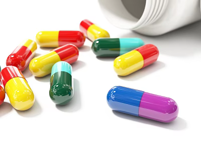 Medical Devices for Medication Storage with Scattered Colored Capsules and Pill Bottle 3d model