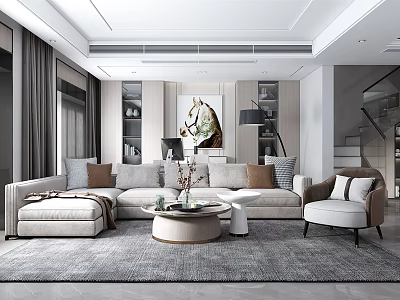 Modern Spacious Living Room Interior With Comfortable Sofa And Coffee Table 3d model