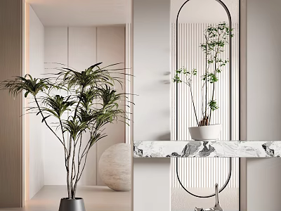 Bonsai Plant On Marble Countertop In Modern Interior With Oval Mirror And Green Plants 3d model