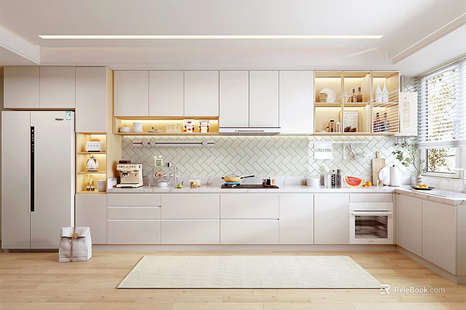Modern Kitchen Interior With White Cabinets Island Tile Backsplash Appliances And Wooden Floor 3d model 