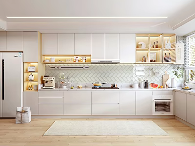 Modern Kitchen Interior With White Cabinets Island Tile Backsplash Appliances And Wooden Floor 3d model