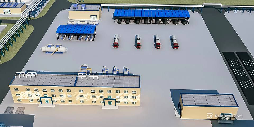 Industrial Factory Building Complex With Blue Roof Structures Parked Trucks And Solar Panels 3d model 