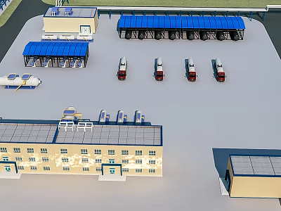 Industrial Factory Building Complex With Blue Roof Structures Parked Trucks And Solar Panels 3d model